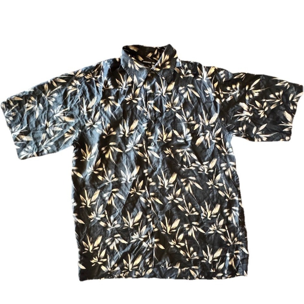 Penta Club Men's Washable Silk Short Sleeve Black Bamboo Print Shirt New Large